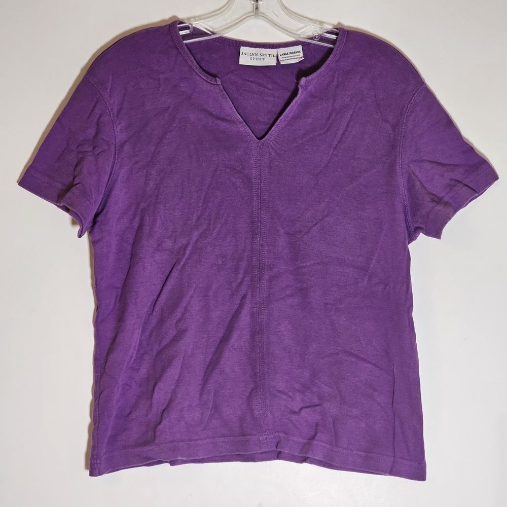 Jaclyn Smith Sport Top Womens Large Purple V Neck Casual Stretch Classic Shirt L
